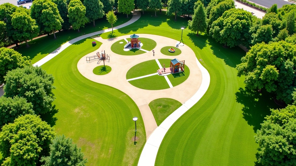 Aerial view of a well-designed community park with multiple activity zones including playground, open fields, and walking paths surrounded by mature trees