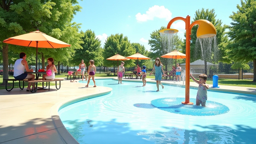 Family enjoying waterfront park with splash pad, picnic area, and shade structures on a sunny weekend day