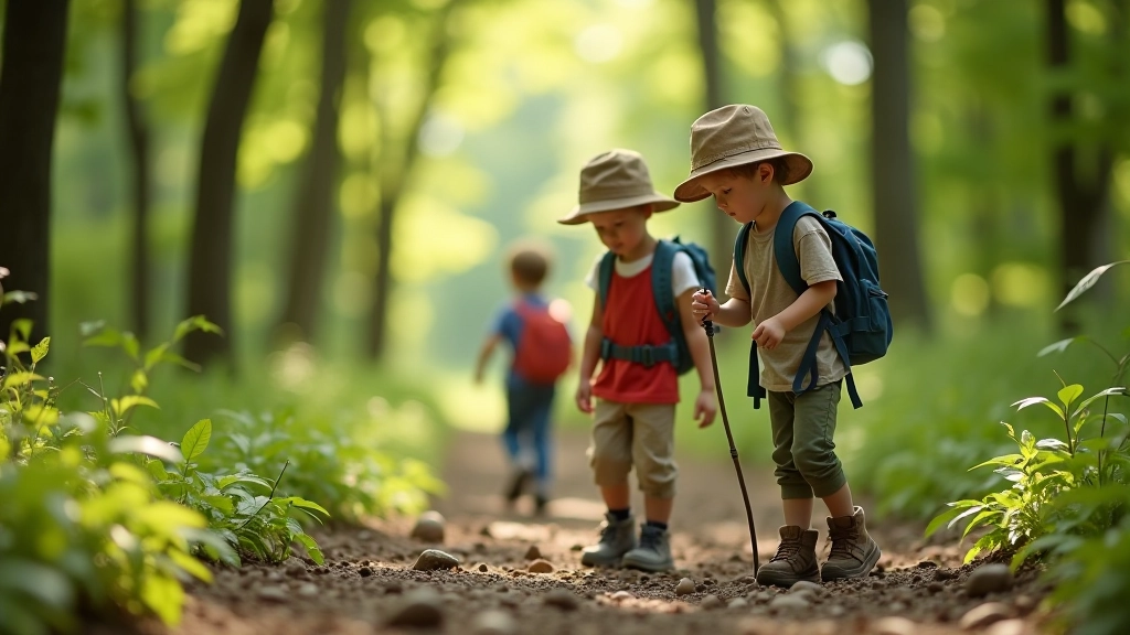 Group of children exploring a forest trail with moss-covered rocks and natural stepping stones, pointing at plants and insects