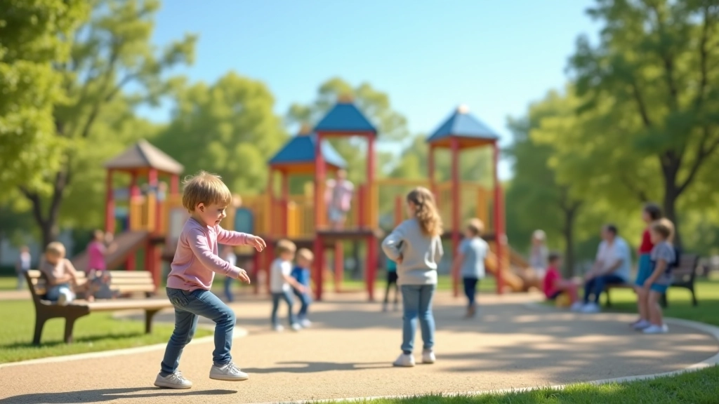Children playing on playground equipment while parents sit on nearby benches in a well-maintained community park