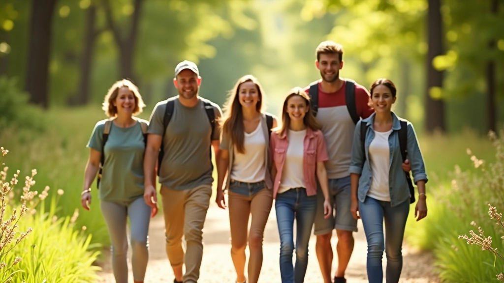 Group of adults and children of various ages walking together on a sunny nature trail, laughing and pointing at things in the landscape