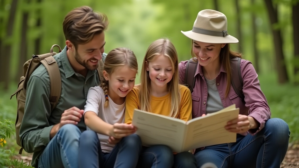Families of different ages sitting together on a nature trail, looking at a printed nature guide and discussing local wildlife