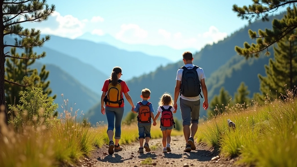Family of four enjoying a hiking trail through green forest with mountains in background