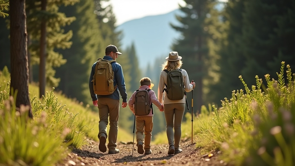 Family walking together on a scenic hiking trail surrounded by tall evergreen trees and mountains in the distance