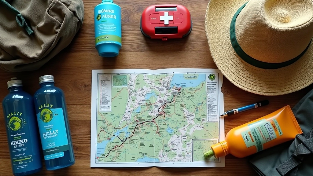 Neatly organized hiking gear laid out on a flat surface including water bottles, snacks, backpack, sun protection, and a map