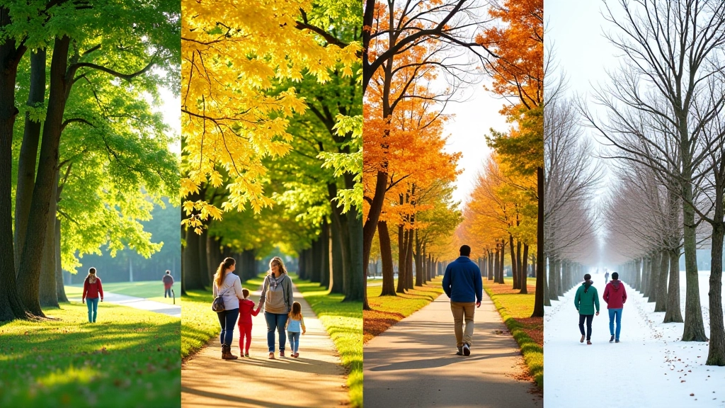 Collage-style image showing the same park location during different seasons with varied foliage, activity levels, and lighting conditions