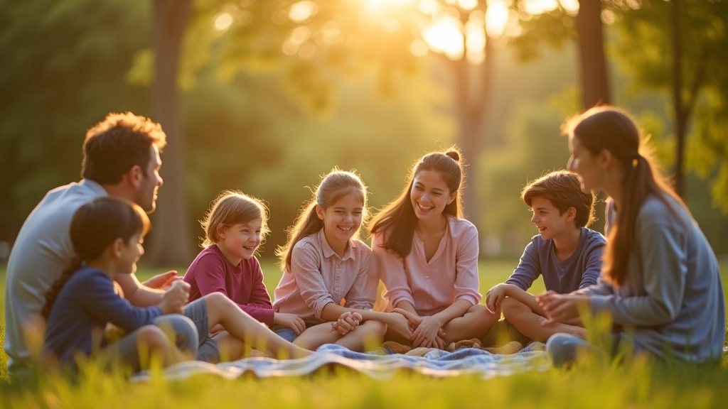 Diverse group of families relaxing in a beautiful park with trees and open green spaces