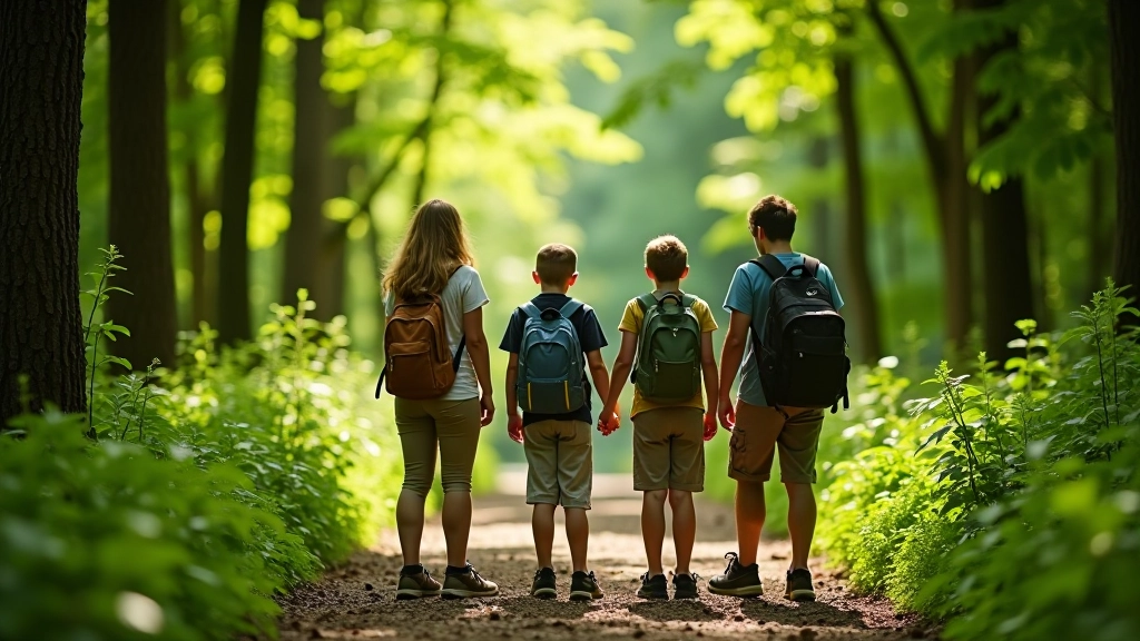 Group of families gathered together on a nature trail learning about local plants and wildlife from an outdoor guide