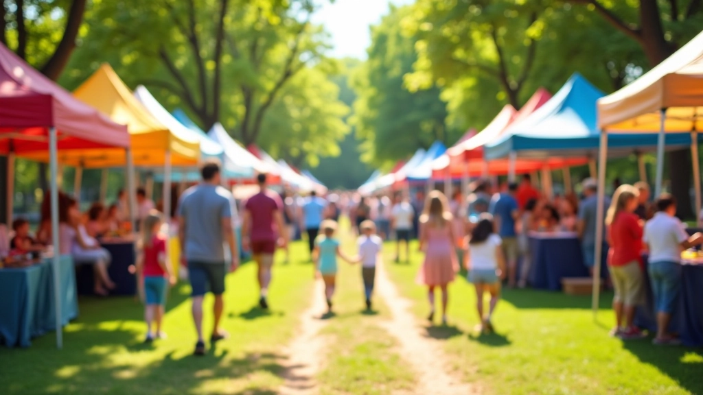 Colorful festival tents and banners set up in a large community park with families enjoying various activities and food vendors