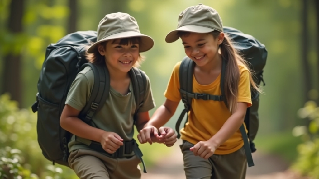 Parent helping young child put on a properly fitted hiking backpack and checking their footwear before a trail hike