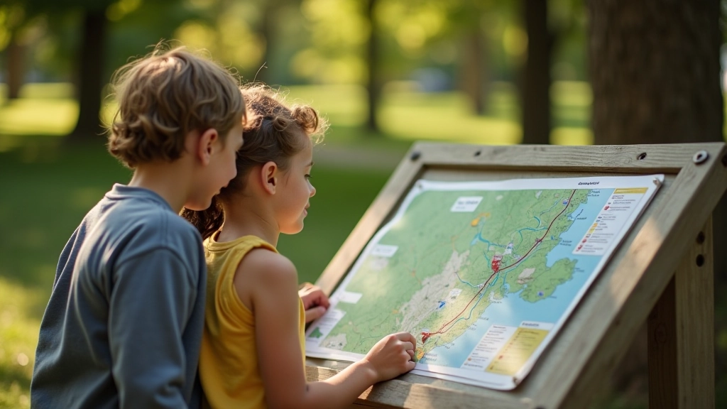 Parent and child studying a park map at an information kiosk before starting a hiking trail