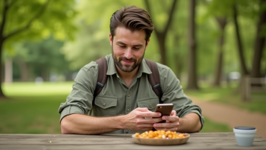 Person using smartphone to browse group information, sitting at outdoor picnic table with trail maps and nature guides spread out