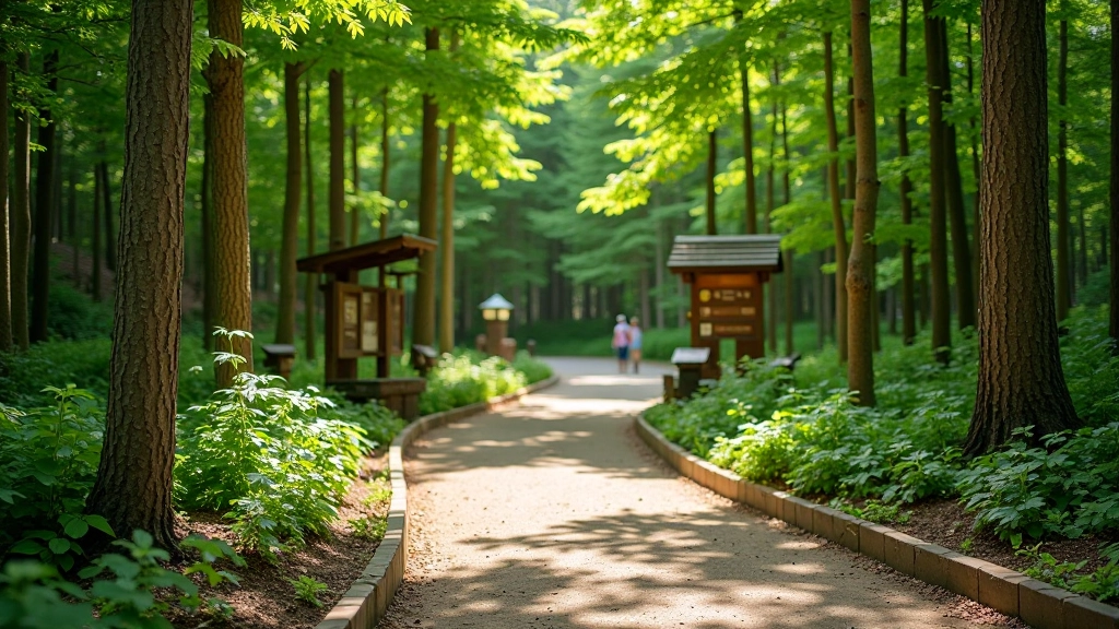 Scenic view of a nature-focused park with hiking trail entrance, forest canopy, and interpretive signage for wildlife education