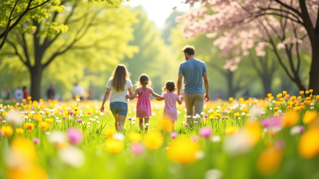 Spring festival scene with colorful wildflowers, families walking among blooms, picnic areas set up under flowering trees