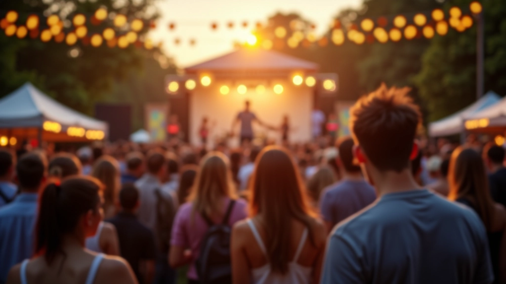 Summer festival with outdoor stage, crowd enjoying live music, food vendors in background, evening atmosphere with string lights