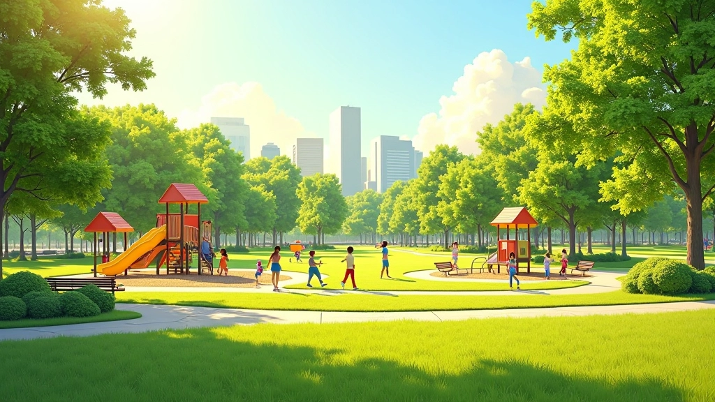 Wide shot of a spacious central park with diverse play equipment, walking paths, and families enjoying various activities across the landscape
